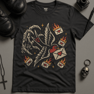 Swallow Letters On Fire T-Shirt - Dark Grey - S - Inked 13 Ltd Unisex alternative tattoo apparel