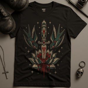 Swallow Lotus Flower T-Shirt - Black - S - Inked 13 Ltd Unisex alternative tattoo apparel