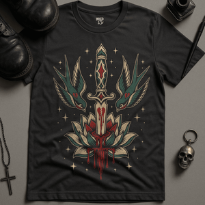 Swallow Lotus Flower T-Shirt - Dark Grey - S - Inked 13 Ltd Unisex alternative tattoo apparel