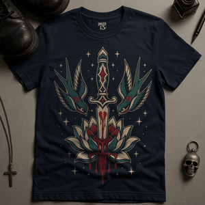 Swallow Lotus Flower T-Shirt - Navy - S - Inked 13 Ltd Unisex alternative tattoo apparel