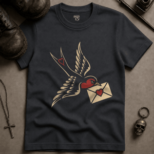 Swallow Love Letter T-shirt (New Style) - Graphite - S - Inked 13 Ltd Unisex alternative tattoo apparel
