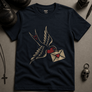 Swallow Love Letter T-shirt (New Style) - True Navy - S - Inked 13 Ltd Unisex alternative tattoo apparel
