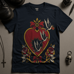Swallow Mechanical Heart T-Shirt - Navy - S - Inked 13 Ltd Unisex alternative tattoo apparel
