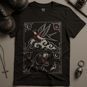 Swallow Panther Tattoo Clouds T-Shirt - Black - S - Inked 13 Ltd Unisex alternative tattoo apparel