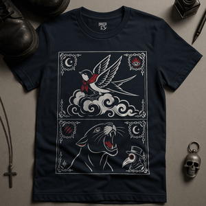 Swallow Panther Tattoo Clouds T-Shirt - Navy - S - Inked 13 Ltd Unisex alternative tattoo apparel
