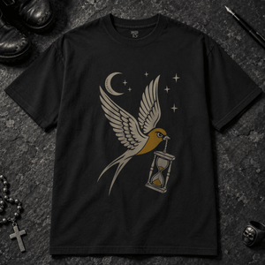 Swallow Sandglass Tattoo T-shirt - Black - S - Inked 13 - Unisex alternative tattoo apparel.