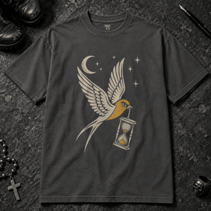 Swallow Sandglass Tattoo T-shirt - Graphite - S - Inked 13 - Unisex alternative tattoo apparel.