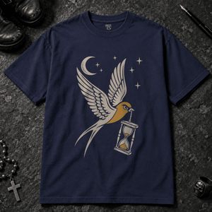 Swallow Sandglass Tattoo T-shirt - True Navy - S - Inked 13 - Unisex alternative tattoo apparel.