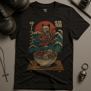 T-Shirt Black / S Skeletal Cat Surfing T-Shirt