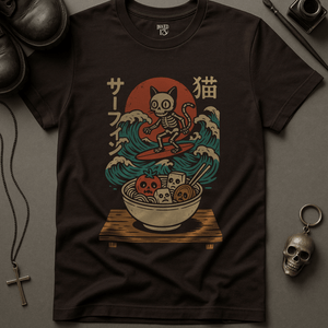 T-Shirt Brown / S Skeletal Cat Surfing T-Shirt
