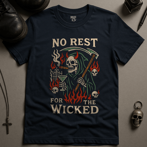Printify T-Shirt Navy / S No Rest For The Wicked T-Shirt