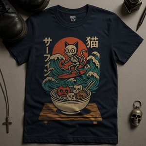 T-Shirt Navy / S Skeletal Cat Surfing T-Shirt