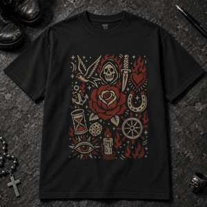 Tattoo Doodle Art Scene T-shirt - Black - S - Inked 13 - Unisex alternative tattoo apparel.
