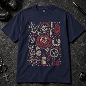 Tattoo Doodle Art Scene T-shirt - True Navy - S - Inked 13 - Unisex alternative tattoo apparel.