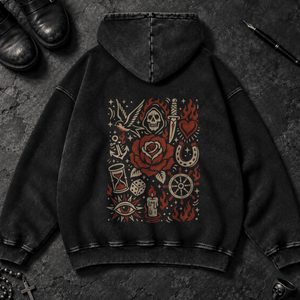 Tattoo Doodle Scene Washed Hoodie - Black Beauty - S - Inked 13 Ltd Unisex alternative tattoo apparel