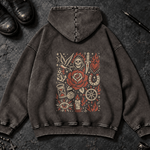 Tattoo Doodle Scene Washed Hoodie - Dark Gray - S - Inked 13 - Unisex alternative tattoo apparel.