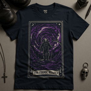 The Cosmic Reaper Tarot T-Shirt - Navy - S - Inked 13 Ltd Unisex alternative tattoo apparel