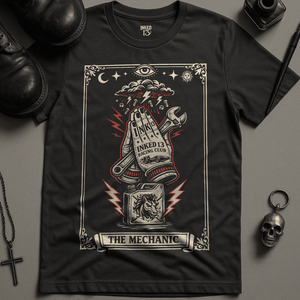 The Mechanic Tarot T-Shirt - Dark Grey - S - Inked 13 Ltd Unisex alternative tattoo apparel