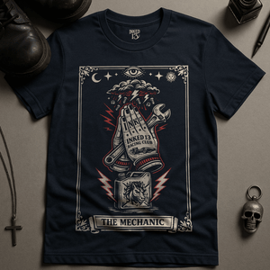 The Mechanic Tarot T-Shirt - Navy - S - Inked 13 Ltd Unisex alternative tattoo apparel