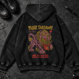 Tiger Takeaway Washed Hoodie - Black Beauty - S - Inked 13 Ltd Unisex alternative tattoo apparel