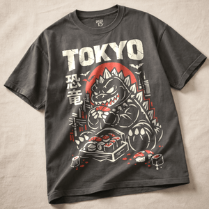 Tokyo Dinosaur Heavyweight T-shirt - Pepper - M - Inked 13 Ltd Unisex alternative tattoo apparel