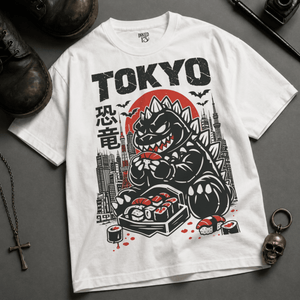 Tokyo Dinosaur Heavyweight T-shirt - White - S - Inked 13 Ltd Unisex alternative tattoo apparel
