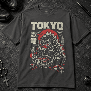 Tokyo Dinosaur T-shirt - Graphite - S - Inked 13 - Unisex alternative tattoo apparel.