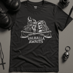 Valhalla Awaits T-Shirt - Dark Grey - S - Inked 13 Ltd Unisex alternative tattoo apparel
