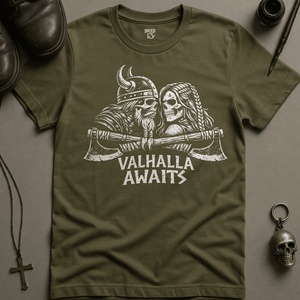 Valhalla Awaits T-Shirt - Military Green - S - Inked 13 Ltd Unisex alternative tattoo apparel