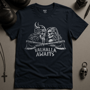 Valhalla Awaits T-Shirt - Navy - S - Inked 13 Ltd Unisex alternative tattoo apparel