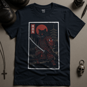 Vampire Cat Samurai T-Shirt - Navy - S - Inked 13 Ltd
