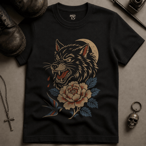 Wolf Sailor Swallow T-shirt - Black - S - Inked 13 Ltd Unisex alternative tattoo apparel
