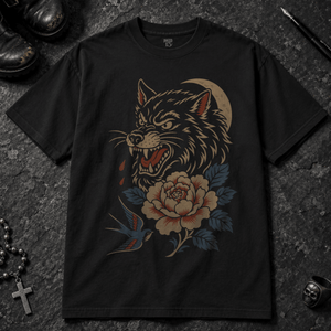 Wolf Sailor Swallow T-shirt - Black - S - Inked 13 - Unisex alternative tattoo apparel.
