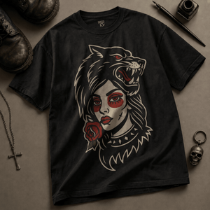 Wolf Woman Tattoo Heavyweight T-shirt - Black - S - Inked 13 Ltd Unisex alternative tattoo apparel