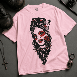 Wolf Woman Tattoo Heavyweight T-shirt - Blossom - XL - Inked 13 Ltd Unisex alternative tattoo apparel