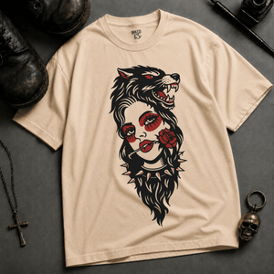 Wolf Woman Tattoo Heavyweight T-shirt - Ivory - XL - Inked 13 Ltd Unisex alternative tattoo apparel
