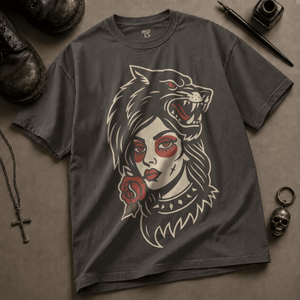 Wolf Woman Tattoo Heavyweight T-shirt - Pepper - M - Inked 13 Ltd Unisex alternative tattoo apparel