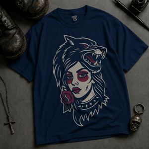 Wolf Woman Tattoo Heavyweight T-shirt - True Navy - S - Inked 13 Ltd Unisex alternative tattoo apparel