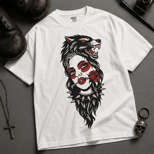 Wolf Woman Tattoo Heavyweight T-shirt - White - M - Inked 13 Ltd Unisex alternative tattoo apparel
