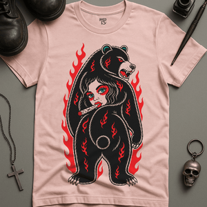 Woman Bear Tattoo T-Shirt - Soft Pink - S - Inked 13 Ltd Unisex alternative tattoo apparel