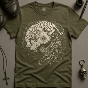 Ying Yang Tigers T-Shirt - Military Green - S - Inked 13 Ltd Unisex alternative tattoo apparel